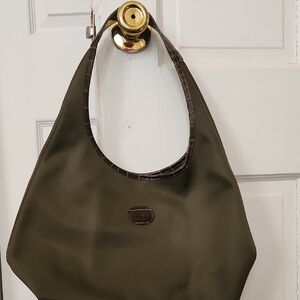 Longchamp Olive Green Shoulder Bag with Croc-Trim Handle